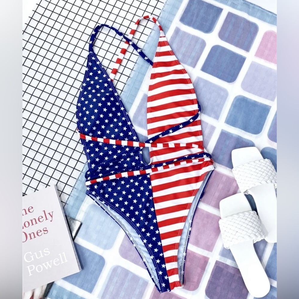 American Flag Print Plunging One Piece Swimsuit